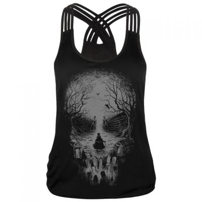 BLUSA DE TIRANTES NEGRA CON CALAVERA EN PAISAJE